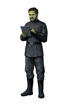 a drawing of a man in uniform holding a tablet