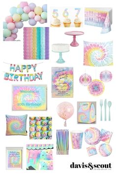 a bunch of different items that are in the shape of a happy birthday card and some balloons