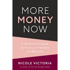 the book cover for more money now, with pink and black squares on top of it