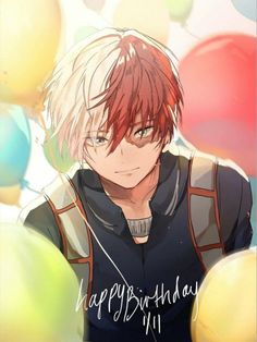 an anime character with red hair and black shirt holding balloons in front of his face