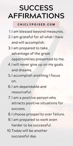 a poster with the words success affirmations on it