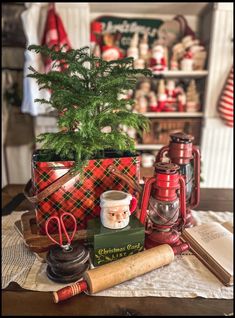 a small christmas tree in a pot surrounded by other holiday items