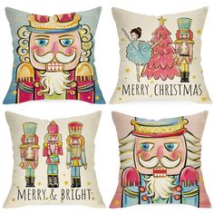 four decorative pillows with nutcrackers and princesses on them, all in different colors