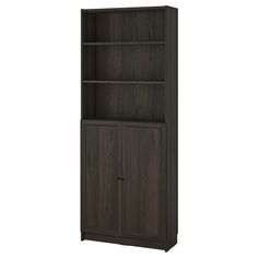 a bookcase with two doors on the front and one door open, in dark wood