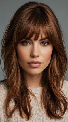 How to Style a Copper Brown Curly Shag for Any Occasion? 🎉 Medium Copper Hair Color, Copper Hair Glaze, Soft Copper Brown Hair, Copper Hair Bangs, Medium Copper Brown Hair, Brunette Copper, Curly Shag