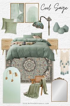 Sage Green interior design mood board Bedroom Seafoam Green, Green Walls Boho Bedroom, Mood Boards For Bedrooms, Blue Green Bedroom Decor, Sage Bedroom Decor Ideas, Guest Bedroom Ideas Sage Green, Sage Blue Bedroom, Sage Green Bedroom Mood Board, Sage Green Bedroom Interior