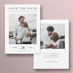 two wedding save the dates cards with an image of a man and woman hugging each other