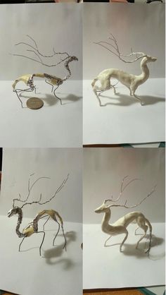 four pictures of different types of wire animals on white paper, each with an animal's head and tail