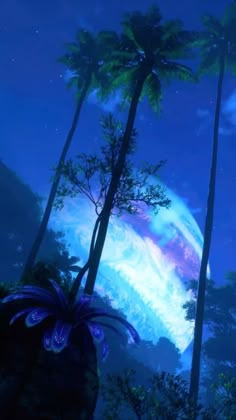 an animated scene with palm trees in the foreground and a planet in the background