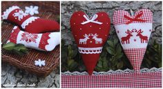 two pictures of christmas stockings and ornaments on display in front of a basket full of holly leaves