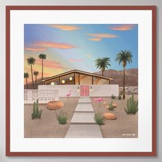 a painting of a house in the desert with palm trees and flamingos around it