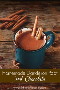 hot chocolate in a mug with cinnamon sticks sticking out of the top and spices around it