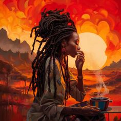 a painting of a woman with dreadlocks sitting in front of a cup of coffee