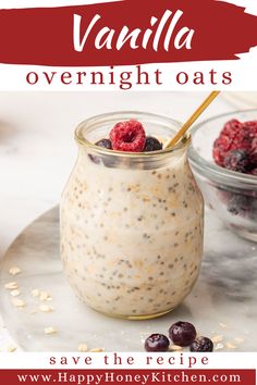 overnight oats in a jar with raspberries on top and the title overlay reads, vanilla overnight oats