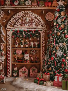 a decorated christmas tree in front of a gingerbread house