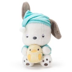 a white stuffed animal with a blue bandanna on its head holding a yellow ball