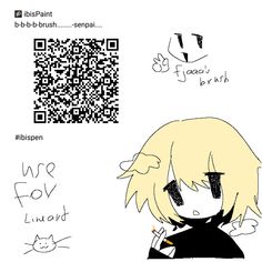 an anime character with long blonde hair and black eyes, has a qr code on it