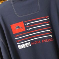 Back Aloha America Print. Nice White And Red Stitching Detail And American Flag Embroidered Front Fish Logo. Smoke-Free Home. See Pictures. Blue Hawaiian Long Sleeve Tops, Blue Long Sleeve Hawaiian Top, Navy Long Sleeve Beach Tops, Navy Long Sleeve Tops For Beach, Navy Long Sleeve Tops For The Beach, Patriotic Blue Tops For Beach, Fish Logo, Bahama Blue, Logo Shirt