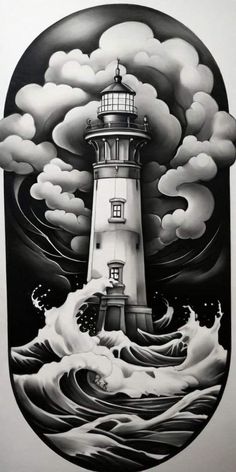 a black and white drawing of a lighthouse in the middle of water with clouds above it