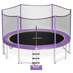 a purple and black trampoline with safety rails