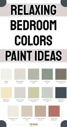 a poster with the words relaxing bedroom colors paint ideas