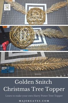 the golden christmas tree topper is being made with scissors and yarn, along with other materials