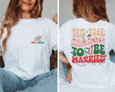 two pictures of a woman wearing a t - shirt that says tis the day to be married