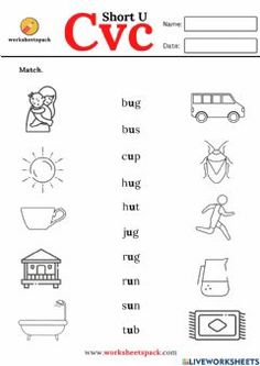 short u cvc worksheet with pictures and words