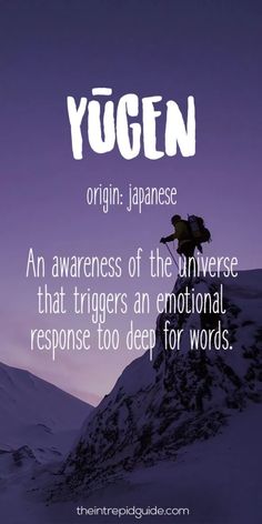 a person standing on top of a snow covered mountain with the words, yogen origin japanese