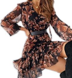 Flowy Long Sleeve Chiffon Dress For Fall, Flowy Chiffon Dress For Fall, Chic Long Sleeve Chiffon Dress For Fall, Fall Chiffon Dress With Ruffles, Black Chiffon Dress For Fall, Fall Party Chiffon Dress, Flowy Chiffon V-neck Dress With Ruffle Hem, Chic Chiffon Dress For Fall, V-neck Chiffon Dress For Fall Party