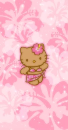 the hello kitty wallpaper is pink and has a flower in it's hair