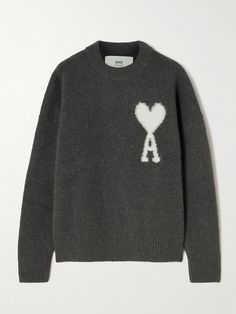 AMI PARIS' 'ADC' sweater is instantly recognizable to those in the know thanks to the iconic  Ami de Cœur  logo. Intarsia-knitted from alpaca-blend, it has dropped shoulders to lean into the relaxed styling. Farfetch Sweater, Old Money Wishlist, Wish List Clothes, Ami Clothes, Ami Paris Sweater, Ami Sweater, Tshirt Sweater Outfit, Unrealistic Wishlist, Stile Blair Waldorf