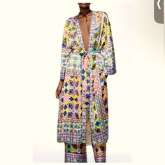 Beautiful! V-neck Multicolor Outerwear For Spring, Multicolor Floral Print V-neck Outerwear, Multicolor V-neck Floral Print Outerwear, Chic Multicolor V-neck Outerwear, Zara Multicolor Long Sleeve Outerwear, Yellow Bohemian Outerwear For Spring, Kimono Duster, Zara Jackets, Split Hem