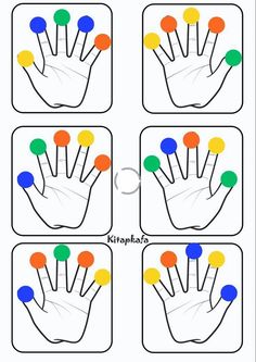 four different colored buttons in the shape of a hand with five colors on each button