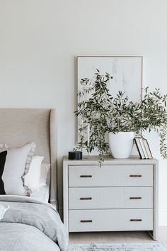 a bedroom with a plant on the nightstand