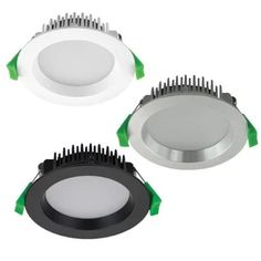 three different types of downlights with green trims and white lights on the sides