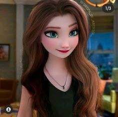 an animated girl with long brown hair and blue eyes, wearing a black top in a living room