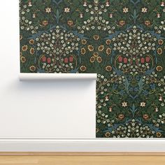 an ornate wallpaper design with flowers and leaves in green, blue, red and orange colors