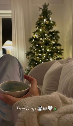 a person holding a bowl in front of a christmas tree