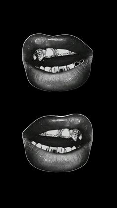 two black and white images of mouths with teeth