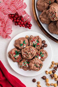 chocolate christmas cookies on a plate with candy canes