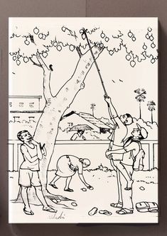 a drawing of two men standing next to a tree and one man is measuring the trunk