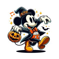 the mickey mouse is dressed up as a halloween character with pumpkins and music notes