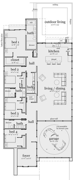 the floor plan for an outdoor living area with seating and dining room, as well as kitchen