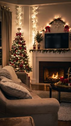 a living room decorated for christmas with lights