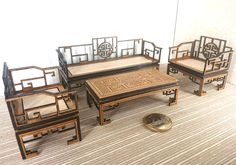 Size of the tea table are 80 x 40 x 30mm. Size of each armchair are 53 x 40 x 58mm. Size of the sofa are 115 x 40 x 58mm. NOTE: Rest of the items not included. Original design by me. Chinese Furniture Living Room, Chinese Living Room, Carved Chairs, Wooden Sofa Set Designs, Asian Furniture, Miniature Dollhouse Furniture, Chinese Furniture, Sofa Set Designs, Furniture Living Room