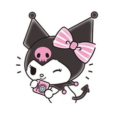 a cartoon character with a camera and a skull on her head, wearing a pink bow