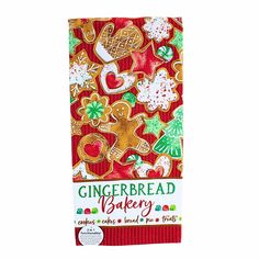 the gingerbread bakery dish towel is red and green