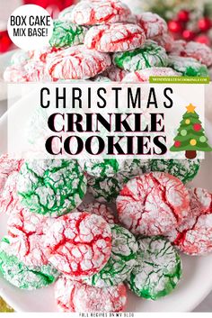 christmas crinkle cookies on a white plate with the title box cake mix base