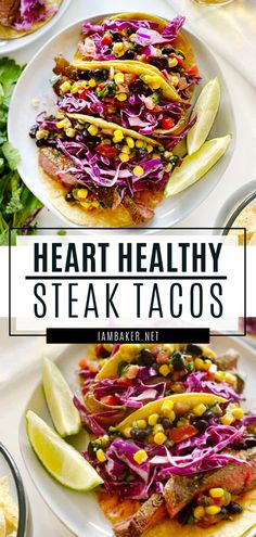 hearty steak tacos with red cabbage, corn and avocado on top